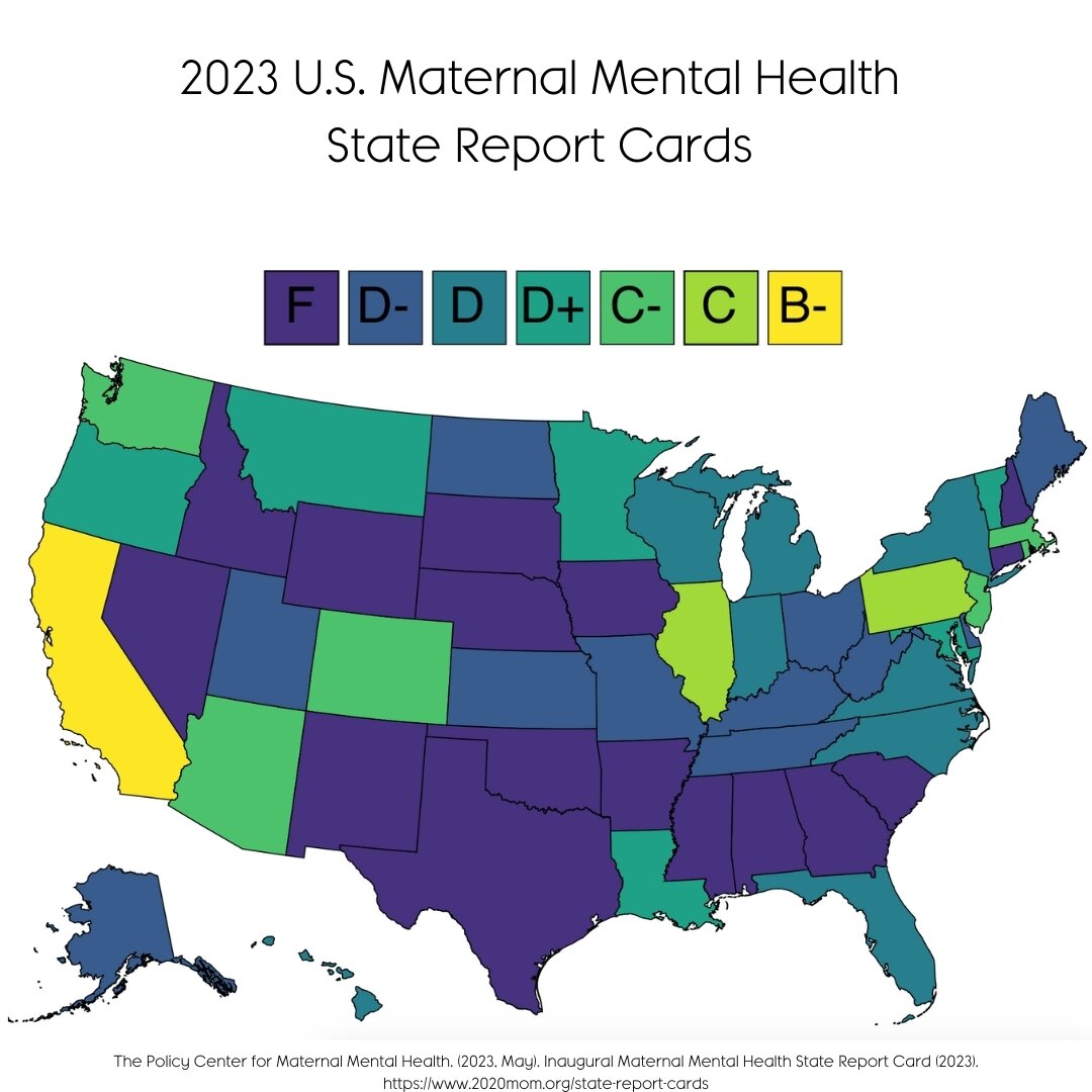 The Policy Center for Maternal Mental Health, in collaboration with the George Washington University just released the first-ever grading of the United States efforts to address maternal mental health. 

The report card grade three main domains: 
- p