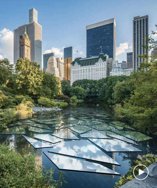 mirroring steel shards by gregory orekhov float across central park's water surface