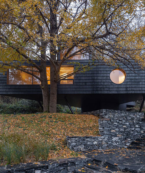 geometric openings pierce elevated treehouse clad in charred cedar planks in hubei