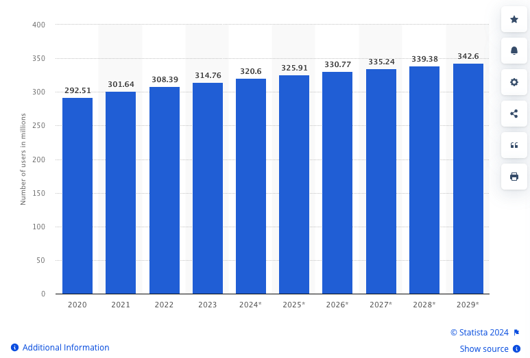 Number of social media users in the United States from 2020 to 2029 (in millions)